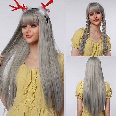 Haoke 26 inches Long Straight Wig with Bangs Silver Gray Synthetic Hair Replacement Wigs Heat Resistant Full Wig for Women Girls