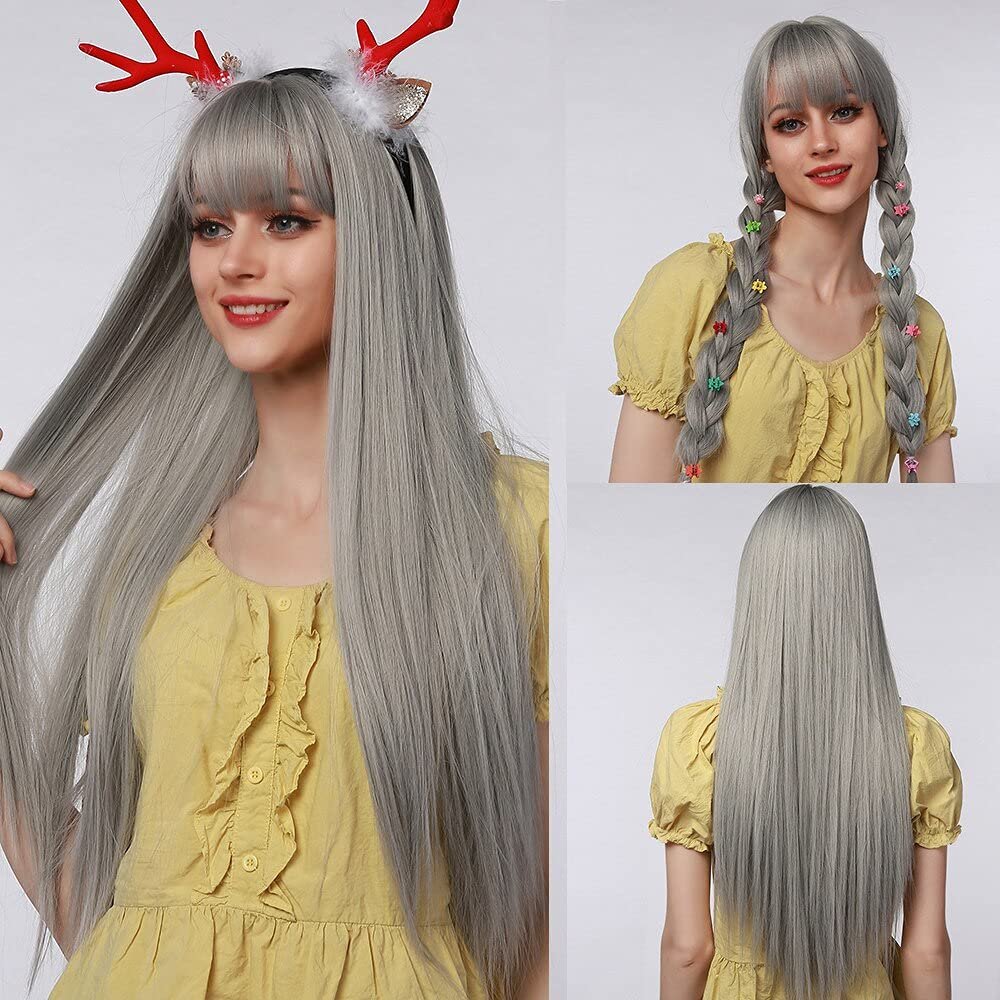 Haoke 26 inches Long Straight Wig with Bangs Silver Gray Synthetic Hair Replacement Wigs Heat Resistant Full Wig for Women Girls