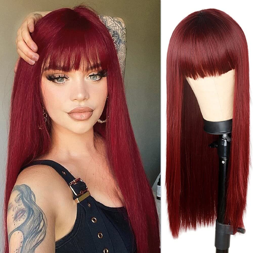 Haoke Wine Red Wig With Bangs Long Straight Synthetic Wig Middle Parting Machine make Halloween Party Use wig