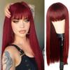 Haoke Wine Red Wig With Bangs Long Straight Synthetic Wig Middle Parting Machine make Halloween Party Use wig view 1