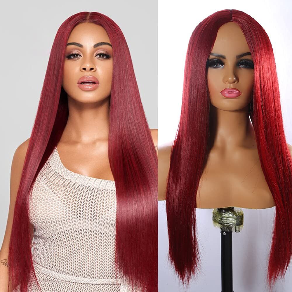 Haoke 24 inches Long Straight Wine Red Wigs for Women Synthetic Wigs Middle Part Heat Resistant Replacement Wig Colorful Cosplay Daily Party Wig