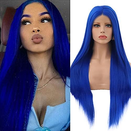 Haoke Blue Color No Lace Front Wig Long Straight Synthetic Wig Heat Resistant Fiber Middle Parting full machine make Halloween Party Use wig
