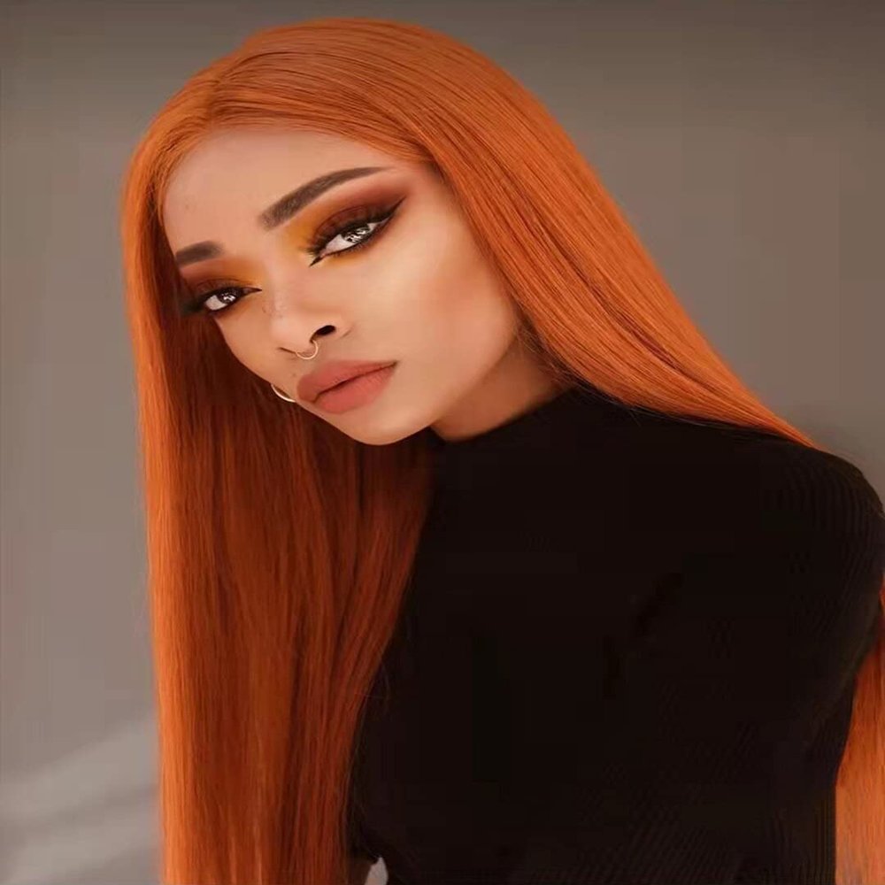 Haoke Long Silk Straight Ginger None-Lace Wigs High Temperature Fiber Orange Hair with Middle Part for Women Party Show
