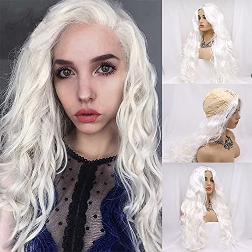 Haoke White Synthetic Wigs Natural wave Hair Heat Resistant Fake Lace Front Wig With Middle Part Natural Long Straight Wig 26Inch