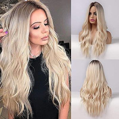 Haoke Ombre Light Blonde Synthetic Machine Made Wigs Straight Hair Heat Resistant Hair Fake Lace Front Wig for Black Women With Middle Part Natural Long Ombre Light Blonde Wig 22 Inch