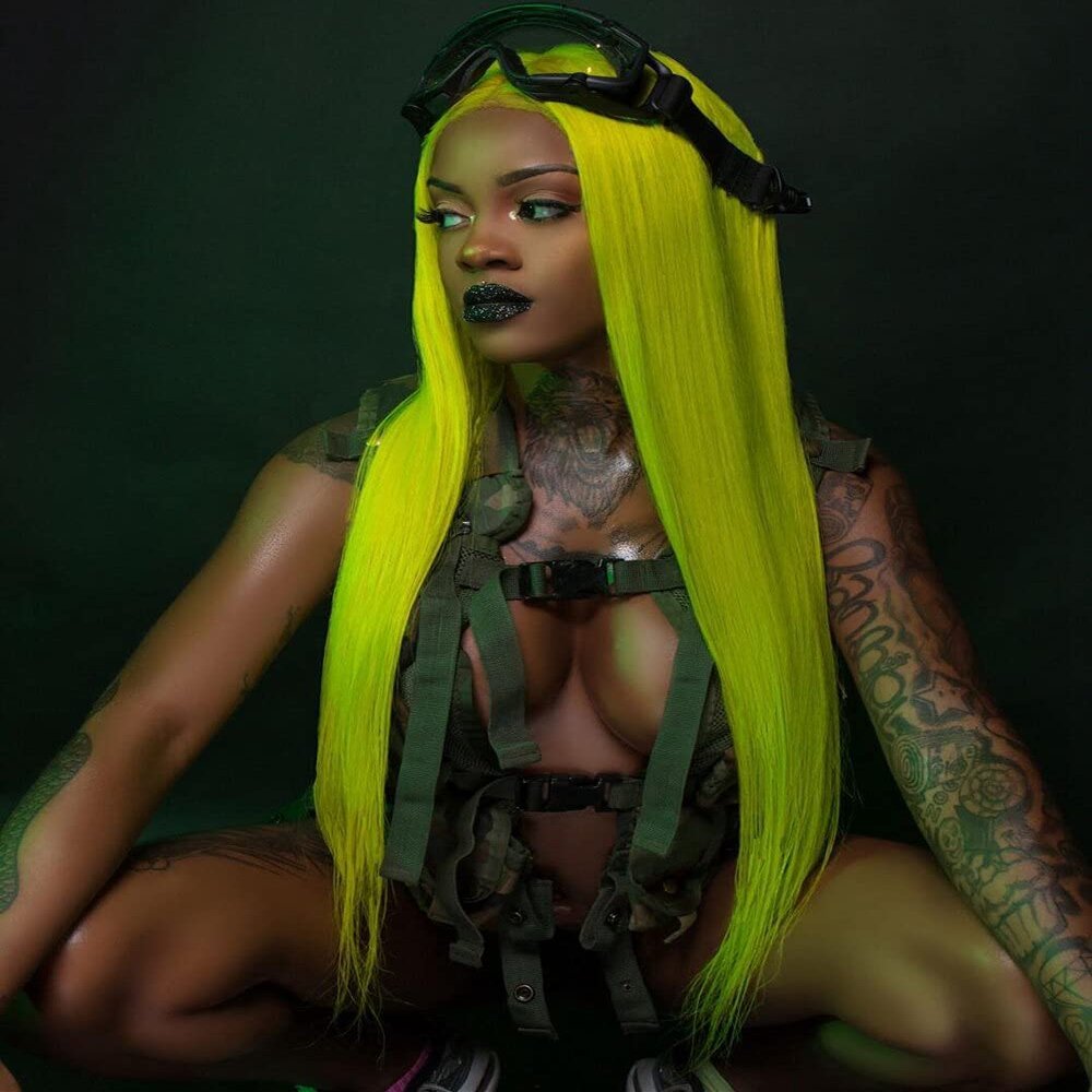 Haoke PU Silk Base Scalp Neon Green Color No Lace Front Wig Long Straight Synthetic Wig Heat Resistant Fiber Middle Parting full machine make Halloween Party Use Lime Green wig