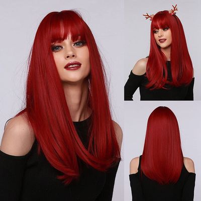 Haoke halloween Cosplay Wig Long Straight Hot Red Synthetic Hair Wigs With Bangs for Black White Women Heat Resistant Wig