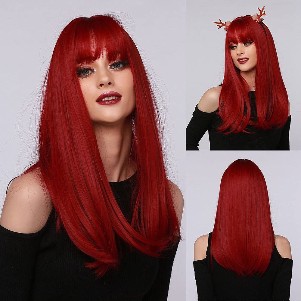 Haoke halloween Cosplay Wig Long Straight Hot Red Synthetic Hair Wigs With Bangs for Black White Women Heat Resistant Wig