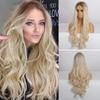 Haoke Ombre Brown Light Blonde Synthetic Machine Made Wigs Natural Wave Hair Heat Resistant Hair Fake Lace Front Wig For Black Women With Middle Part Natural Long Wig 22 Inch view 4