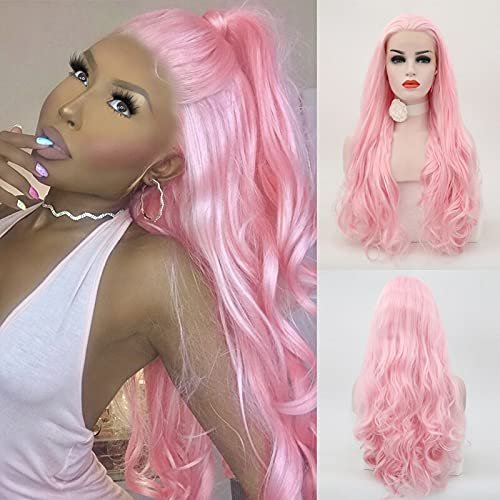 Haoke Long Wavy Hair Light Pink Color Wigs Glueless Heat Resistant Fiber Hair Synthetic Hair Wigs for Fashion Women Cosplay wig for Girl Colorful Costume Wigs