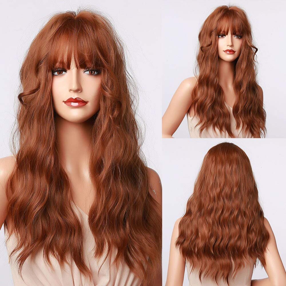 Haoke Natural Wave Wigs with Bangs Honey Brown Wigs for Women Brown Wig Synthetic Long Wavy Loose Curly Wig Heat Resistant Fiber 26 Inches Brown Colorful Hair Wigs