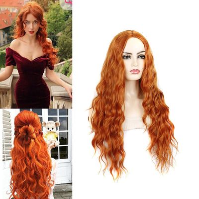 Haoke Ginger Orange Color None Scalp Lace Front wig Middle Part Wig Long Water Wave Synthetic Wig Pre Plucked wig for White or Black Women Halloween Party Use wig
