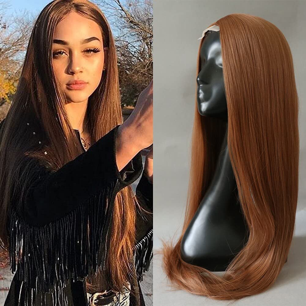 Honey Brown Long Straight Synthetic Wig Wine Honey Brown Middle Parting Wig Honey Brown No Lace Wigs full machine make Halloween Party Use wig