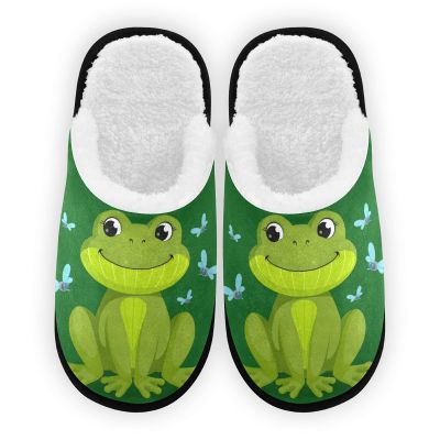 Umidedor Green Frog Butterfly Mens Slippers, Soft Memory Foam Non-Slip Indoor House Slippers Home Shoes for Bedroom Hotel Travel Spa