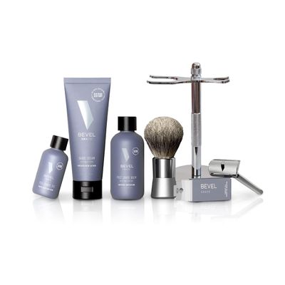 BEVEL Men's Starter Kit: Safety Razor, Shaving Brush, Stand, Cream, Oil, Balm & 20 Blades