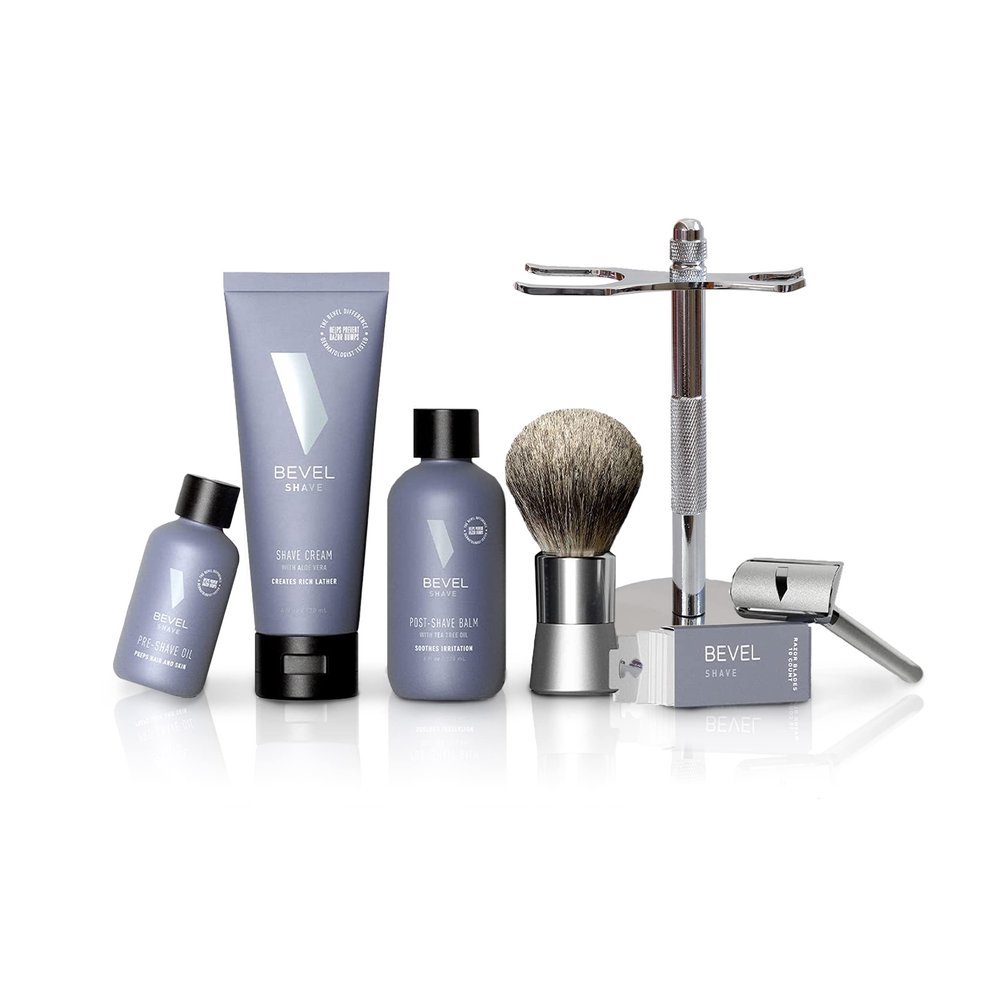 BEVEL Men's Starter Kit: Safety Razor, Shaving Brush, Stand, Cream, Oil, Balm & 20 Blades