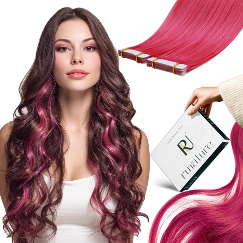 RUNATURE Pink Tape in Hair Extensions Human Hair, 16 Inch Hot Pink Hair Extensions Tape ins Colored Hair Extension for Highlight, Pink Tape in Extensions Remy Hair Fashion Color, 25g 10pcs