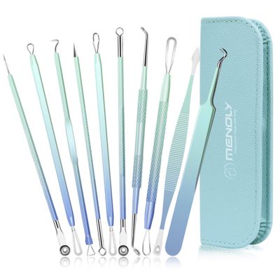 Blackhead Remover Tools MENOLY 10Pcs Pimple Popper Tool Kit, Blackhead Remover Extractor Tools, Pimple Comedone Extractor Acne Kit for Blackhead,Blemish,Zit Whitehead with Leather Bag