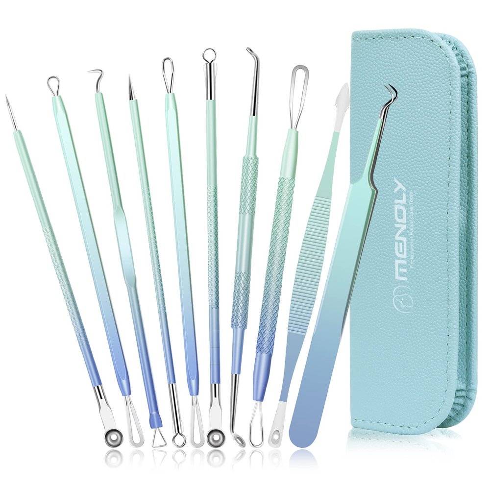 Blackhead Remover Tools MENOLY 10Pcs Pimple Popper Tool Kit, Blackhead Remover Extractor Tools, Pimple Comedone Extractor Acne Kit for Blackhead,Blemish,Zit Whitehead with Leather Bag
