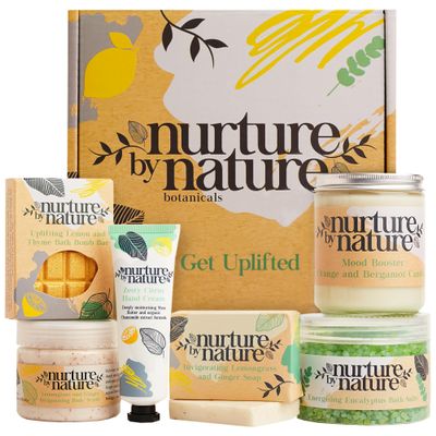 Nurture by Nature RELAX & UPLIFT Spa Kit for Women Birthday Gifts for Women 6 Piece Gift Basket with Hand Soap, Body Scrub, Hand Cream & More - Vegan Self Care Kit - Relaxation Gifts for Her