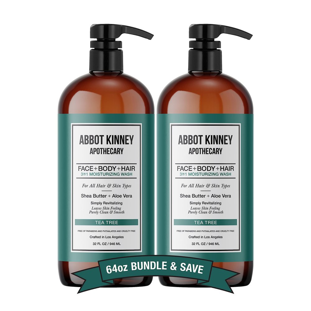 Men's 3-in-1 Wash, Moisturizing Shampoo, Conditioner, and Body Wash for Men, Suitable for All Skin and Hair Types, 32oz - Abbot Kinney Apothecary (Tea Tree) 2 Pack