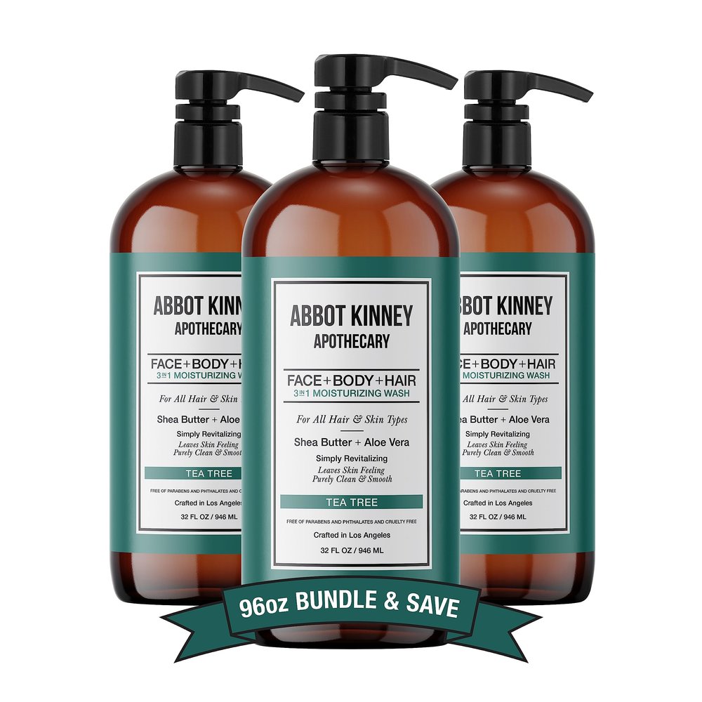 ABBOT KINNEY APOTHECARY Men's 3-in-1 Wash, Moisturizing Shampoo, Conditioner, and Body Wash for Men, Suitable for All Skin and Hair Types, 32oz (Tea Tree)  3 Pack