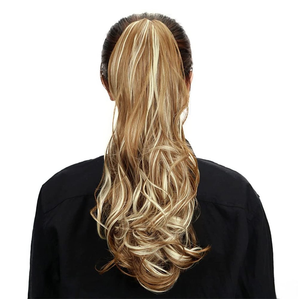 18" Synthetic Claw Clip In Ponytail Hair Extensions Blonde Long Wavy Jaw Ponytail Tail Extension Drawstring Wrap Around HPP004C 16-21inches