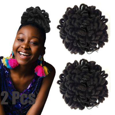 Abellee 2Pcs Loc Buns For Black Women 8Inch Loc Petal Bun Afro High Puff Drawstring Ponytail Faux Locs Hair Bun Pony Tail Hairpieces Clip In Hair Extentions for Black Women (2Pcs1B)