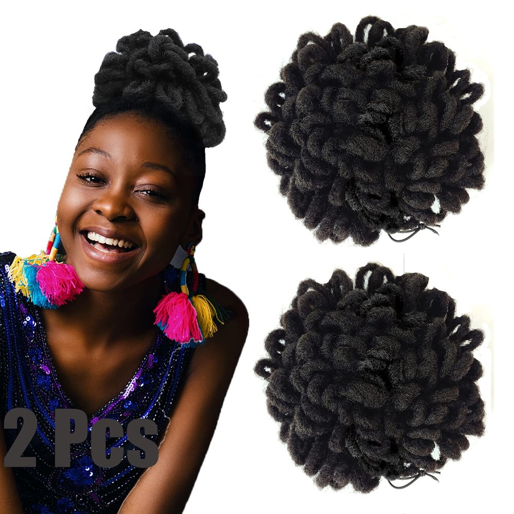 Abellee 2Pcs Loc Buns For Black Women 8Inch Loc Petal Bun Afro High Puff Drawstring Ponytail Faux Locs Hair Bun Pony Tail Hairpieces Clip In Hair Extentions for Black Women (2Pcs1B)