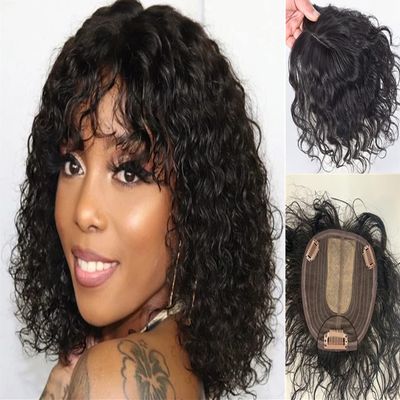 16x14cm Middle Part Curly Hair Toppers for Women Real Human Hair Large Area Hair Pieces Human Hair Clip On Top Topper Hair Replacement Wiglets off black(12inch)