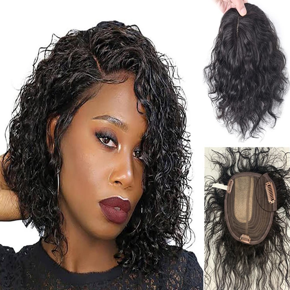 16x14cm Right Part Curly Hair Toppers for Women Real Human Hair Large Area Hair Pieces Human Hair Clip On Top Topper Hair Replacement Wiglets off black(12inch)