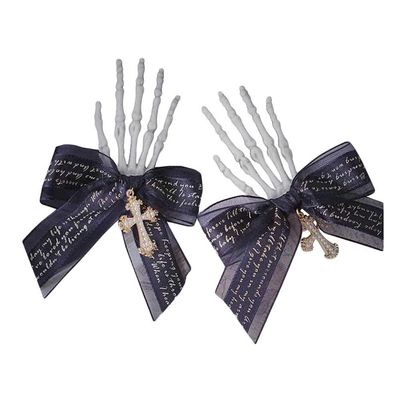 1 Pair Handmade Black Skull Finger Skeleton Hair Clips Halloween Gothic Hair Clips Bow Ribbon Cross Hair Accessories