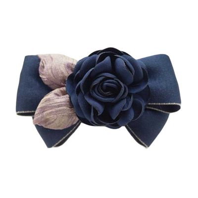 Artificial Rose Flower Cloth Hair Pin Handmade Bowknot Hair Barrettes, Navy