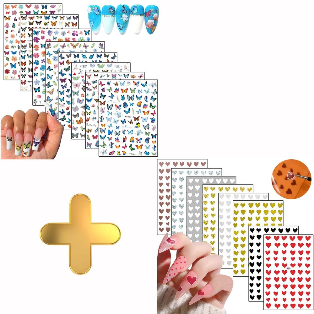 8 Sheets Butterfly Nail Art Stickers with 8 Sheets Heart Nail Art Stickers