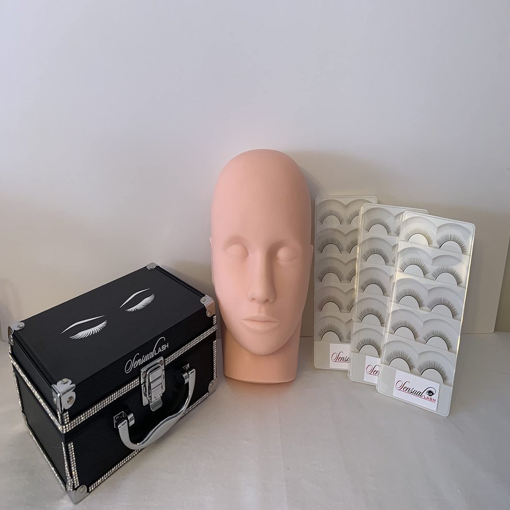 Eyelash Organizing kit -Glitter Box for Eyelash Equipment- Silicone Practice Head and 15 pairs of Individual Eyelash Extensions. Ideal for cosmetology professionals or students.