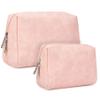 2 Pack Vegan Leather Makeup Bag Zipper Pouch Travel Cosmetic Organizer for Women (Large (Pack of 2), Orange Pink) view 1