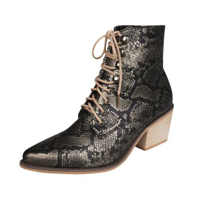 Womens Serpentine Leather Ankle Boots - Fashion Pointed Toe Lace Up Chunky Thick High Heel Short Booties Trendy Casual Outdoor Ladies Shoes