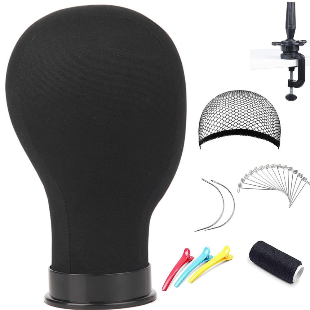 Monicass Wig Head Canvas Block Head for Wig Making Display Styling Manikin Head with Stand Mannequin Head with Mount Hole(21inch black)