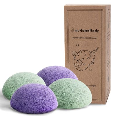 myHomeBody Natural Konjac Facial Sponges - for Gentle Face Cleansing and Exfoliation - with Lavender Purple and Aloe Vera, Set of 4