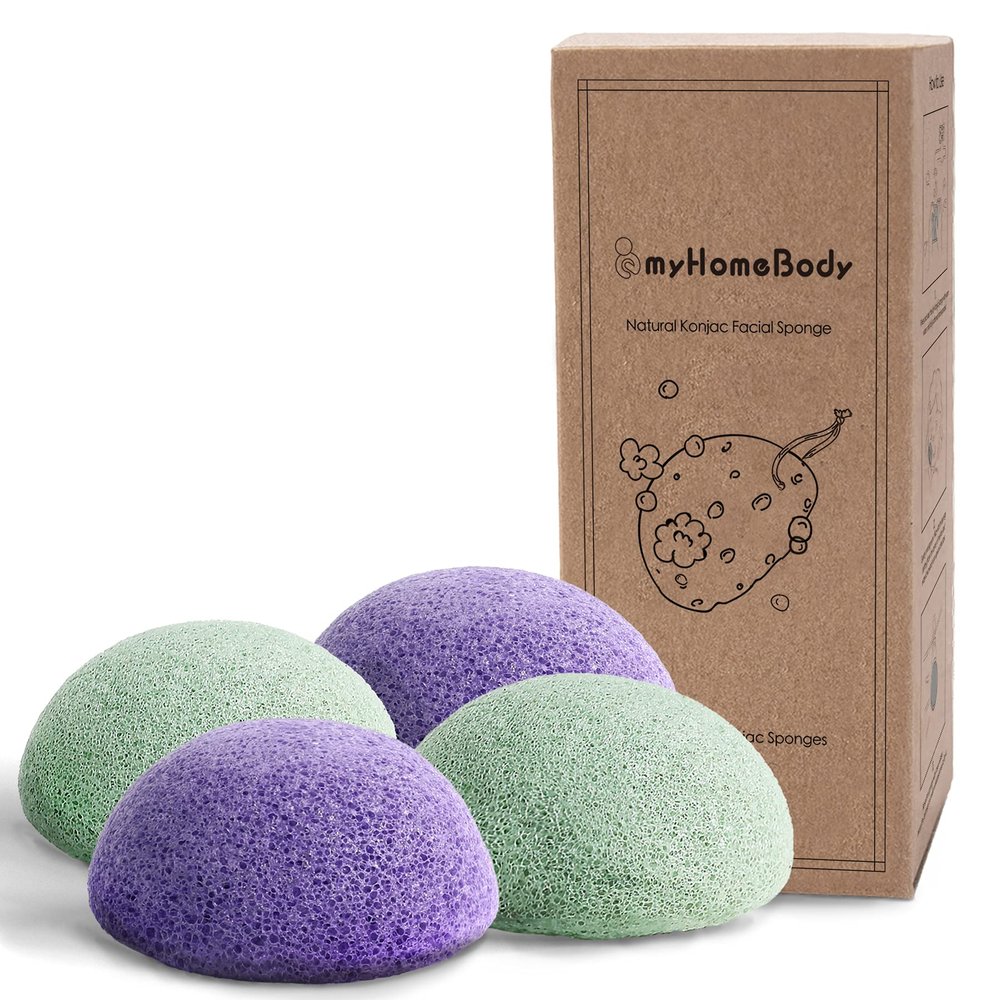 myHomeBody Natural Konjac Facial Sponges - for Gentle Face Cleansing and Exfoliation - with Lavender Purple and Aloe Vera, Set of 4