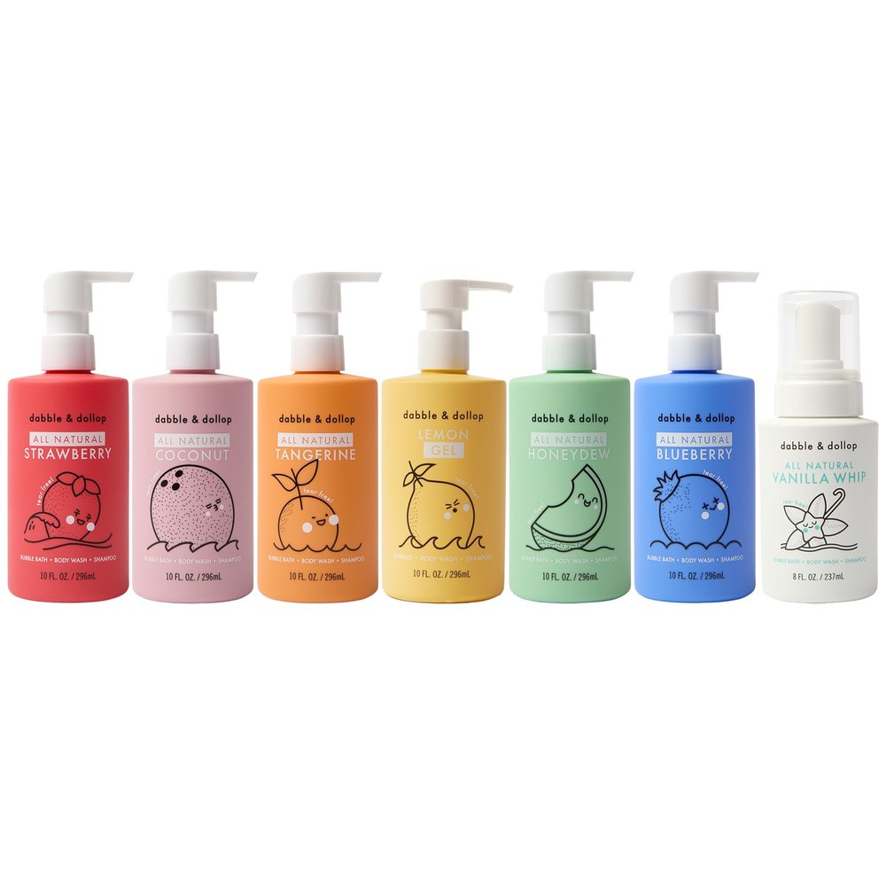 Dabble & Dollop Rainbow of Bubbles Natural 4-in-1 Bath Set for Kids, Includes Bubble Bath, Body Wash, Shampoo, No Parabens/Sulfates, Vegan, Gluten-Free, Tear-Free (7-Pack)