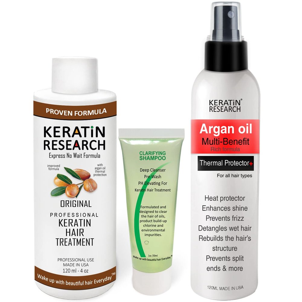 KERATIN RESEARCH Brazilian Keratin Hair Blowout Treatment Professional Results Straightening and Smoothing Hair with Thermal Protection argan Oil Spray Queratina Keratina (4oz+1oz+4oz)