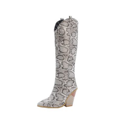 Chunky Heel Boots for Women - Fashion Snake Print Pointed Toe Back Zipper Thick High Heel Knee High Boots Comfortable Casual High Top shoes