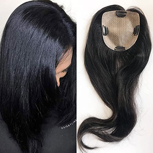 100% Real Human Hair Topper For Women Clips In 12x13cm Silk base Natural Color Virgin Human Hairpieces (14inch, Natural color)