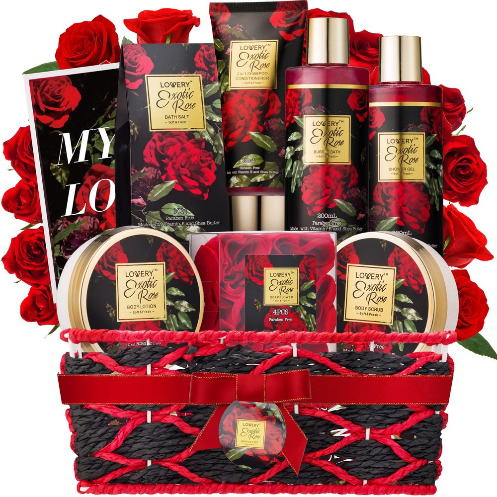 Christmas Gifts from Daughter and Son, Spa Bath and Body Gift Set, Exotic Rose Gift Basket for Women & Men, Thank You, Birthday, Mom, Personalized Gifts with Body Scrub, Bubble Bath, Lotion & More