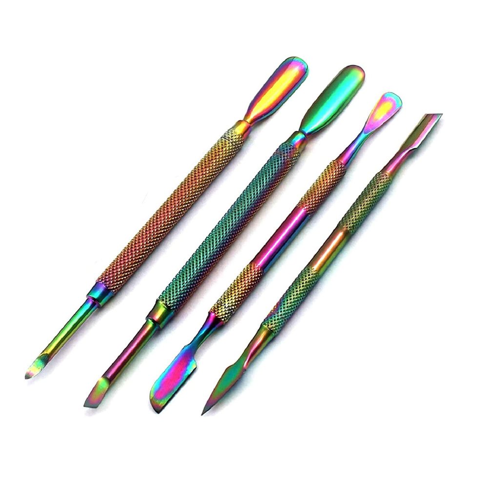 OdontoMed2011 Set of 4 Pieces Nail Cuticle Pusher, Stainless Steel, Double Ended, Multi Titanium Rainbow Nail Art Cuticle Remover Scraper Cleaner Manicure Pedicure Care Tool Set Stainless Steel ODM