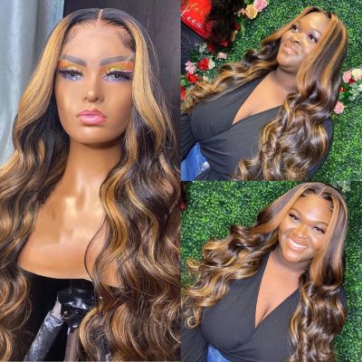 13x6 HD Transparent Lace Front Natural Wave Water Wave Human Hair Wig With Baby Hair Ombre Blonde Highlight #1B/27 Color For Black Women Hair Replacement Wigs 150% Density Pre-Plucked 16 Inch