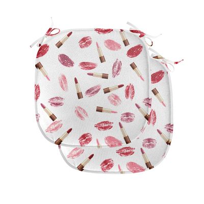 Ambesonne Cosmetics Chair Seating Cushion Set of 2, Beauty Theme Pink and Burgundy Lipstick and Kiss Pattern Makeup Concept, Anti-Slip Seat Padding for Kitchen & Patio, 16"x16", Burgundy and Pink
