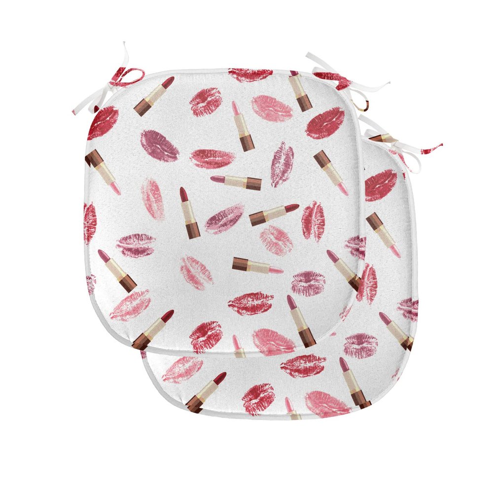 Ambesonne Cosmetics Chair Seating Cushion Set of 2, Beauty Theme Pink and Burgundy Lipstick and Kiss Pattern Makeup Concept, Anti-Slip Seat Padding for Kitchen & Patio, 16"x16", Burgundy and Pink