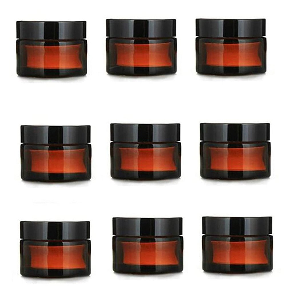 Healthcom 20 Packs 5g/5ml Empty Amber Glass Cream Jar Pot Bottle Cosmetic Cream Lotion Bottle Vials with Black Lids Refillable Glass Jar Makeup Sample Container for Lotion Creams Salve Lip Balms